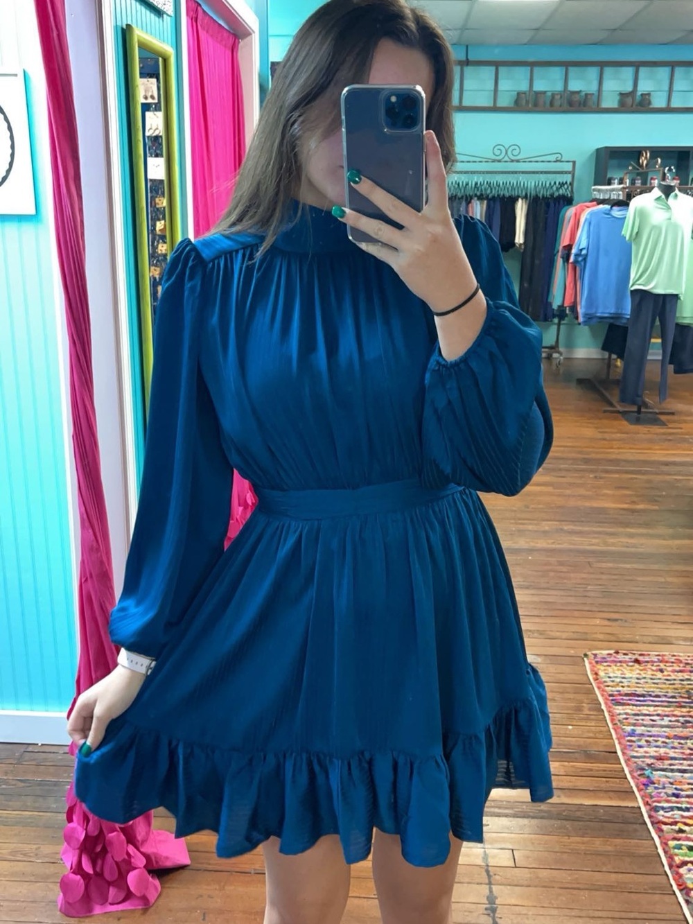 Source Unknown Teal Long-Sleeve Ruffle Hem Mini Dress